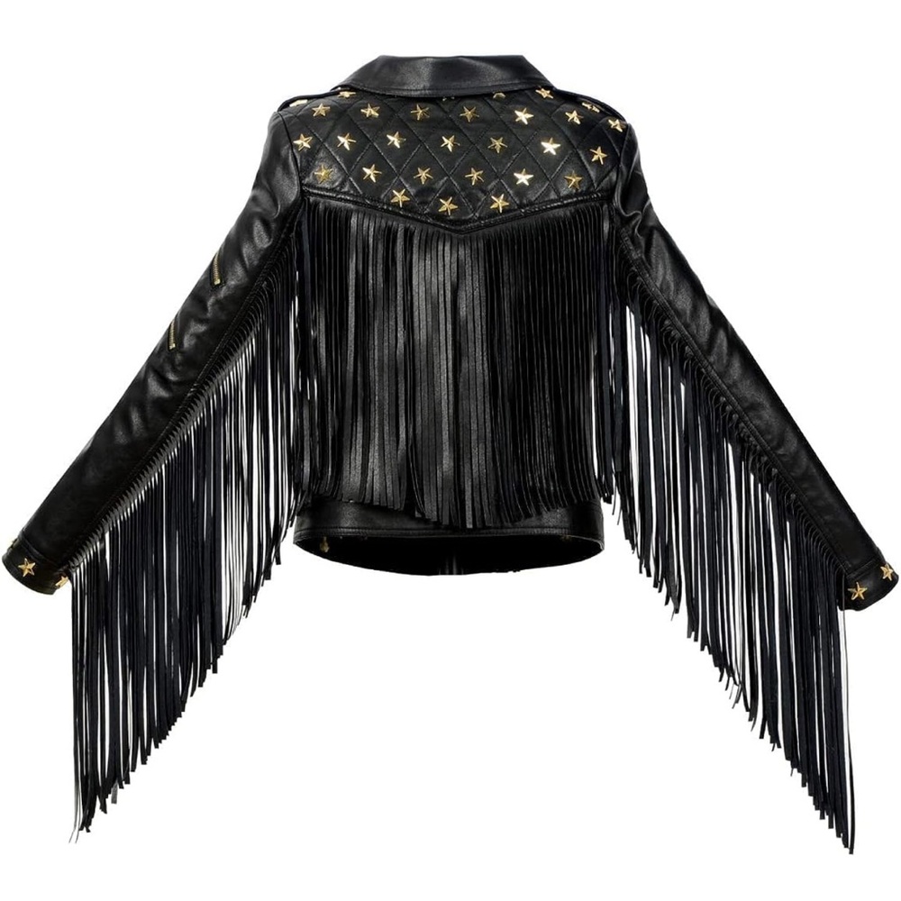 Black & Gold Star Studded Fringe Faux Leather Jacket - Size L  80’s Concert